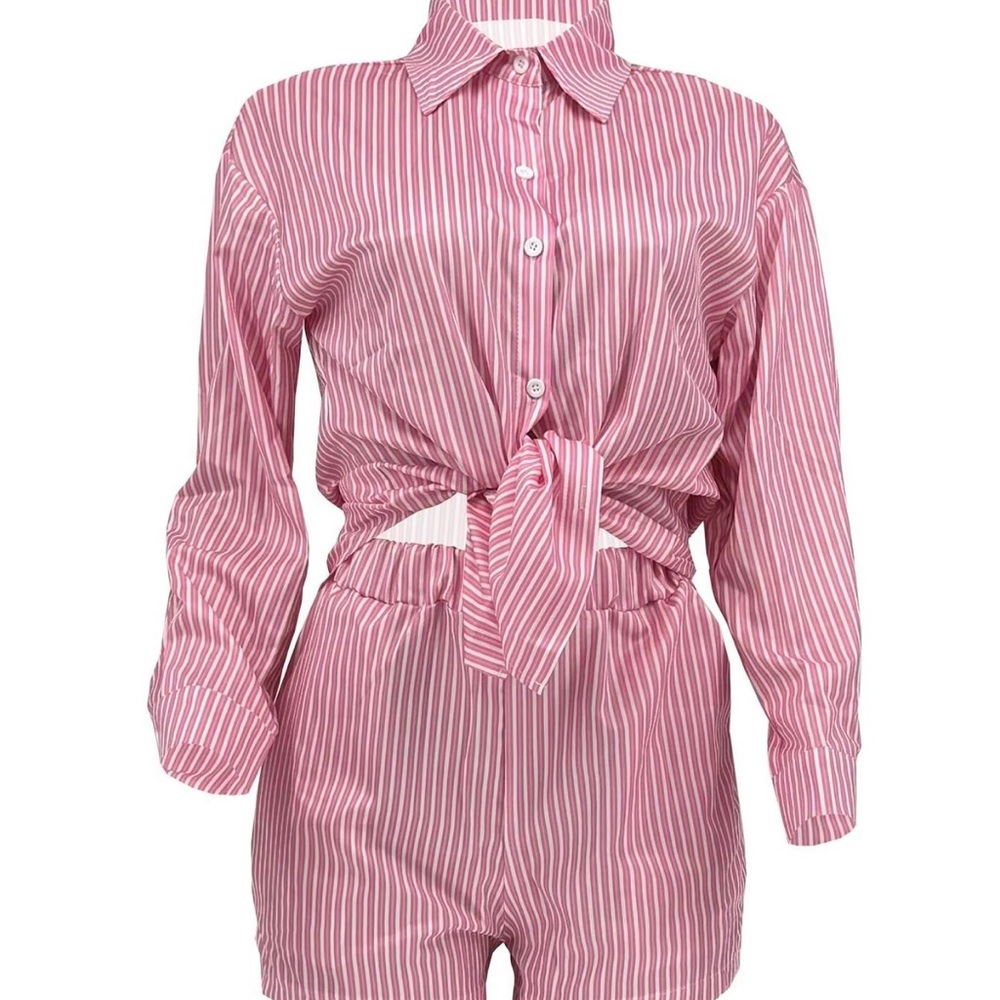 Women's Striped Print Pocket Split Hem Shorts Set, Women's 2 Piece Sets, Casual